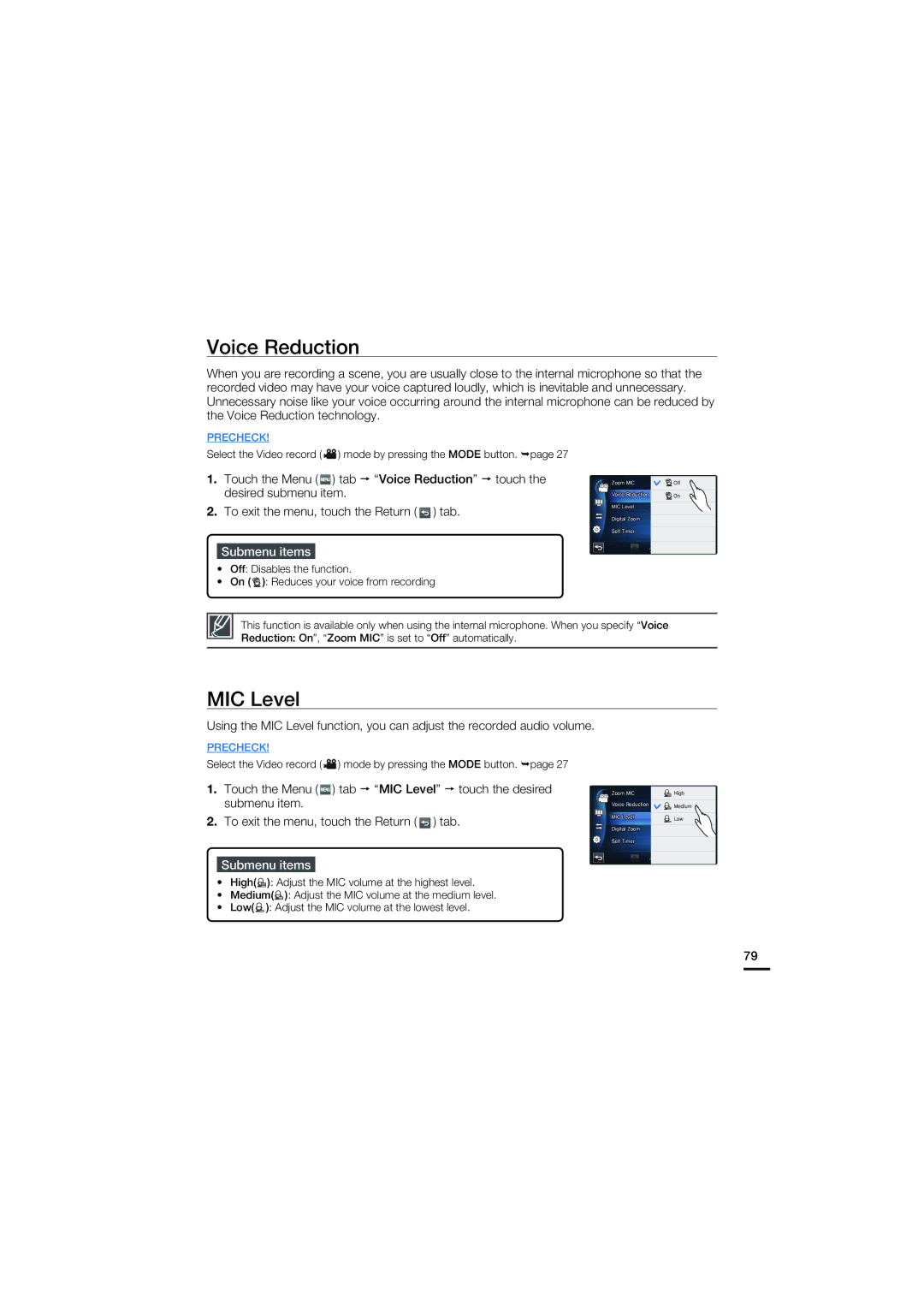 Samsung HMX-S10BP/XER, HMX-S15BP/EDC, HMX-S10BP/EDC, HMX-S16BP/EDC, HMX-S15BP/XER, HMX-S16BP/XER Voice Reduction, MIC Level 