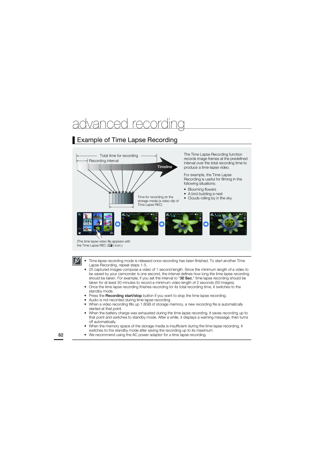 Samsung HMX-S10BP/XIL, HMX-S15BP/EDC manual Example of Time Lapse Recording, Total time for recording Recording interval 