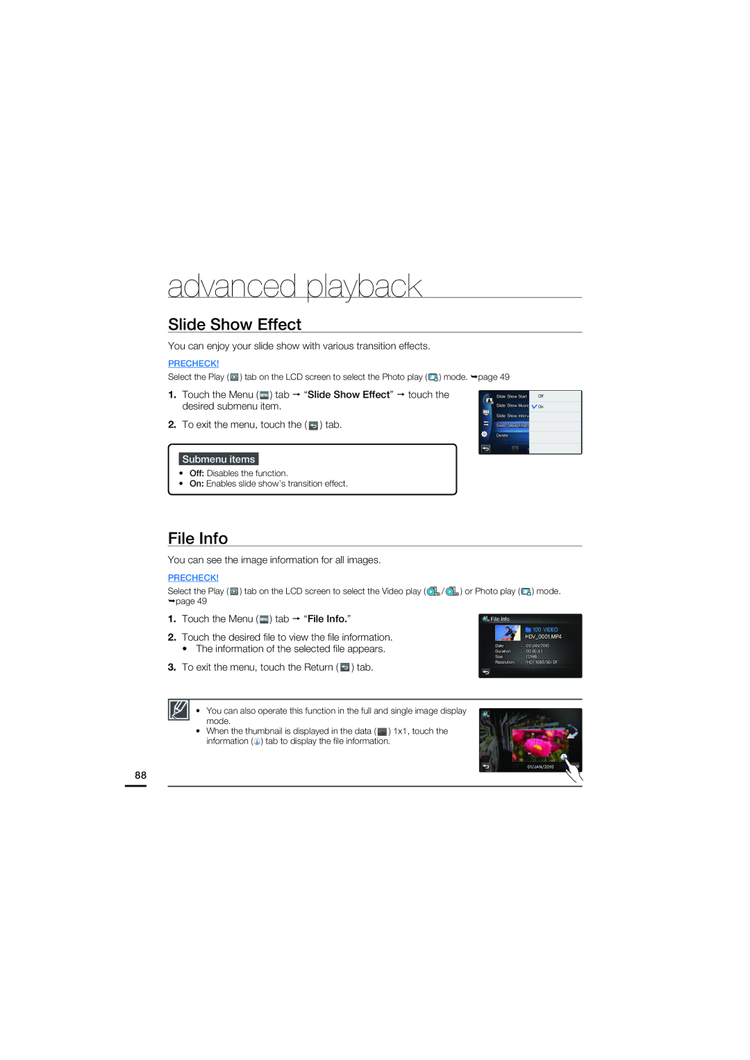 Samsung HMX-S10BP/XER, HMX-S15BP/EDC manual Slide Show Effect, File Info, You can see the image information for all images 