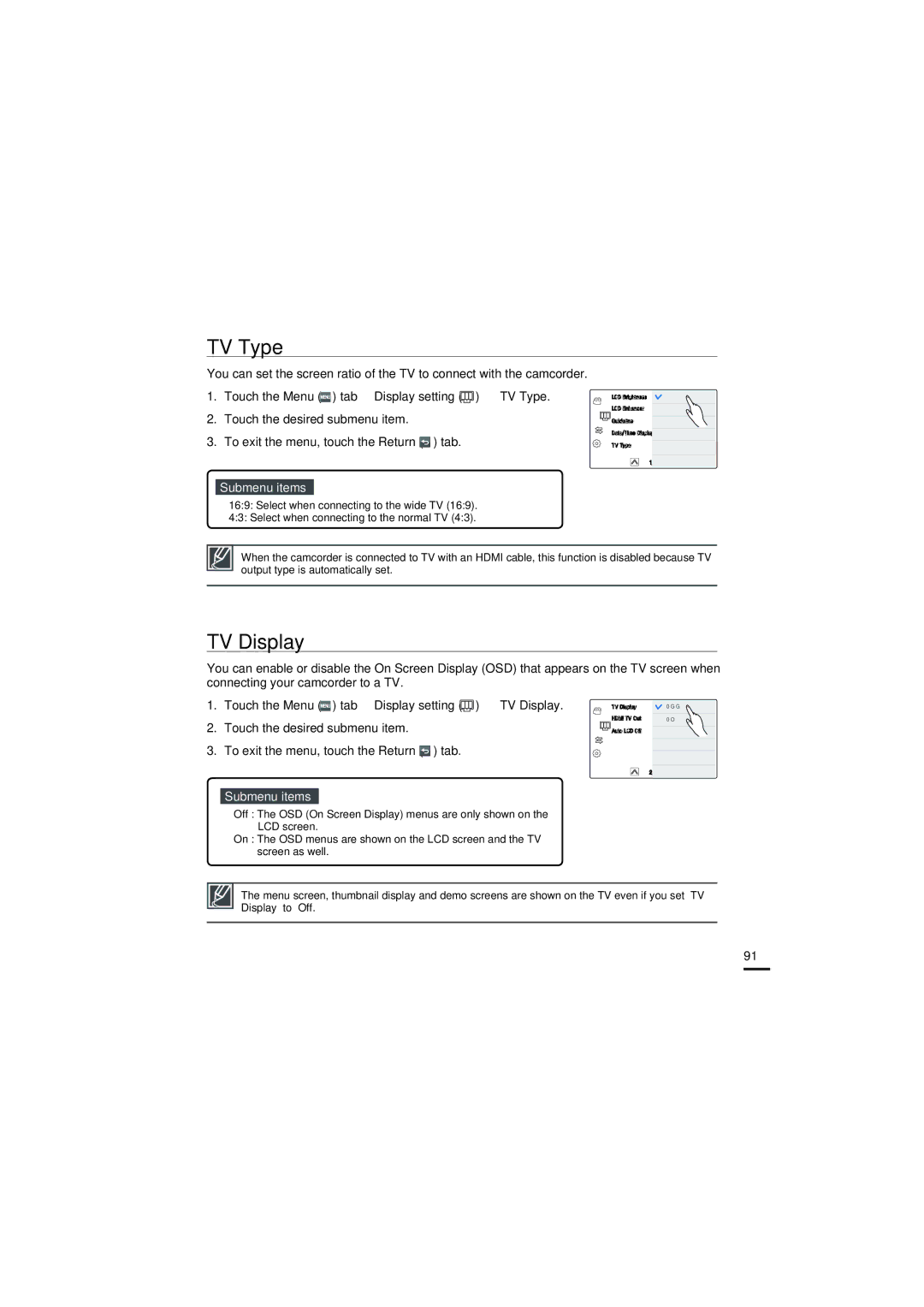 Samsung HMX-S10BP/XIL, HMX-S15BP/EDC, HMX-S10BP/EDC, HMX-S16BP/EDC, HMX-S15BP/XER, HMX-S10BP/XER manual TV Type, TV Display 