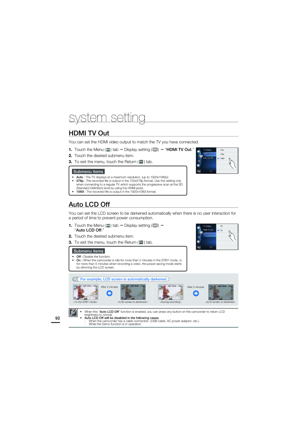 Samsung HMX-S15BP/XIL, HMX-S15BP/EDC, HMX-S10BP/EDC, HMX-S16BP/EDC, HMX-S15BP/XER, HMX-S10BP/XER Hdmi TV Out, Auto LCD Off 