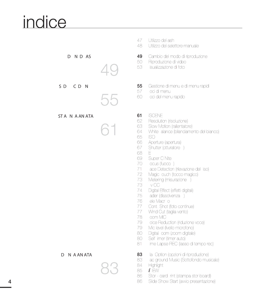 Samsung HMX-S10BP/EDC Utilizzo del ﬂash, Utilizzo del selettore manuale, Cambio del modo di riproduzione, Voci di menu 