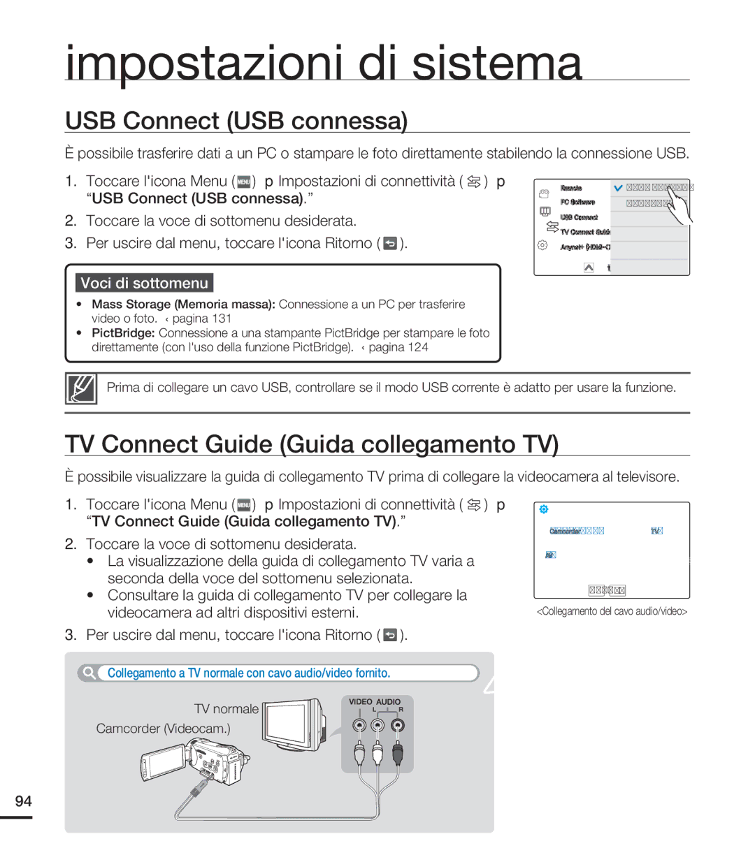 Samsung HMX-S10BP/EDC USB Connect USB connessa, TV Connect Guide Guida collegamento TV, TV normale Camcorder Videocam 