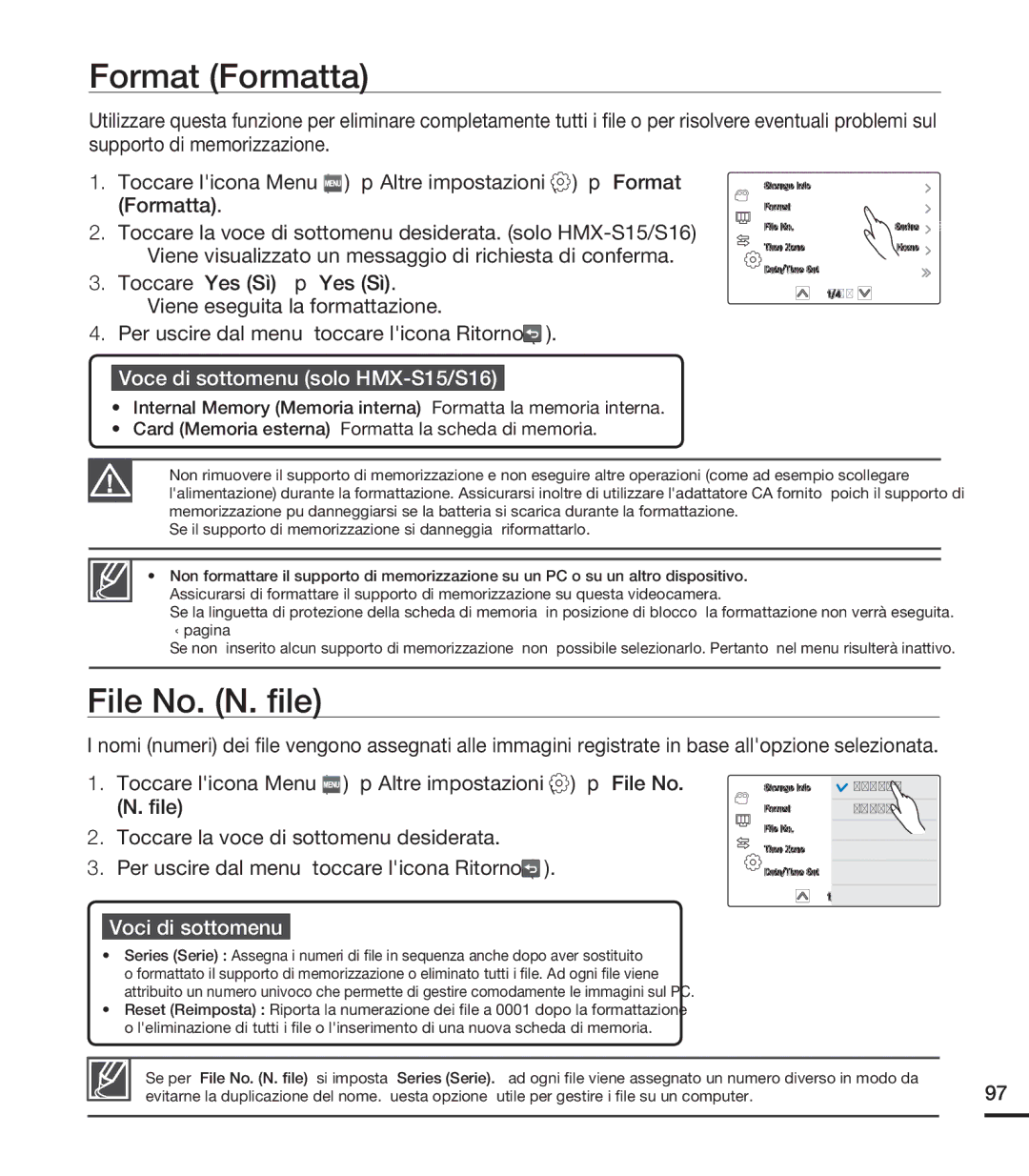 Samsung HMX-S10BP/EDC, HMX-S15BP/EDC, HMX-S16BP/EDC manual Format Formatta, File No. N. ﬁle 