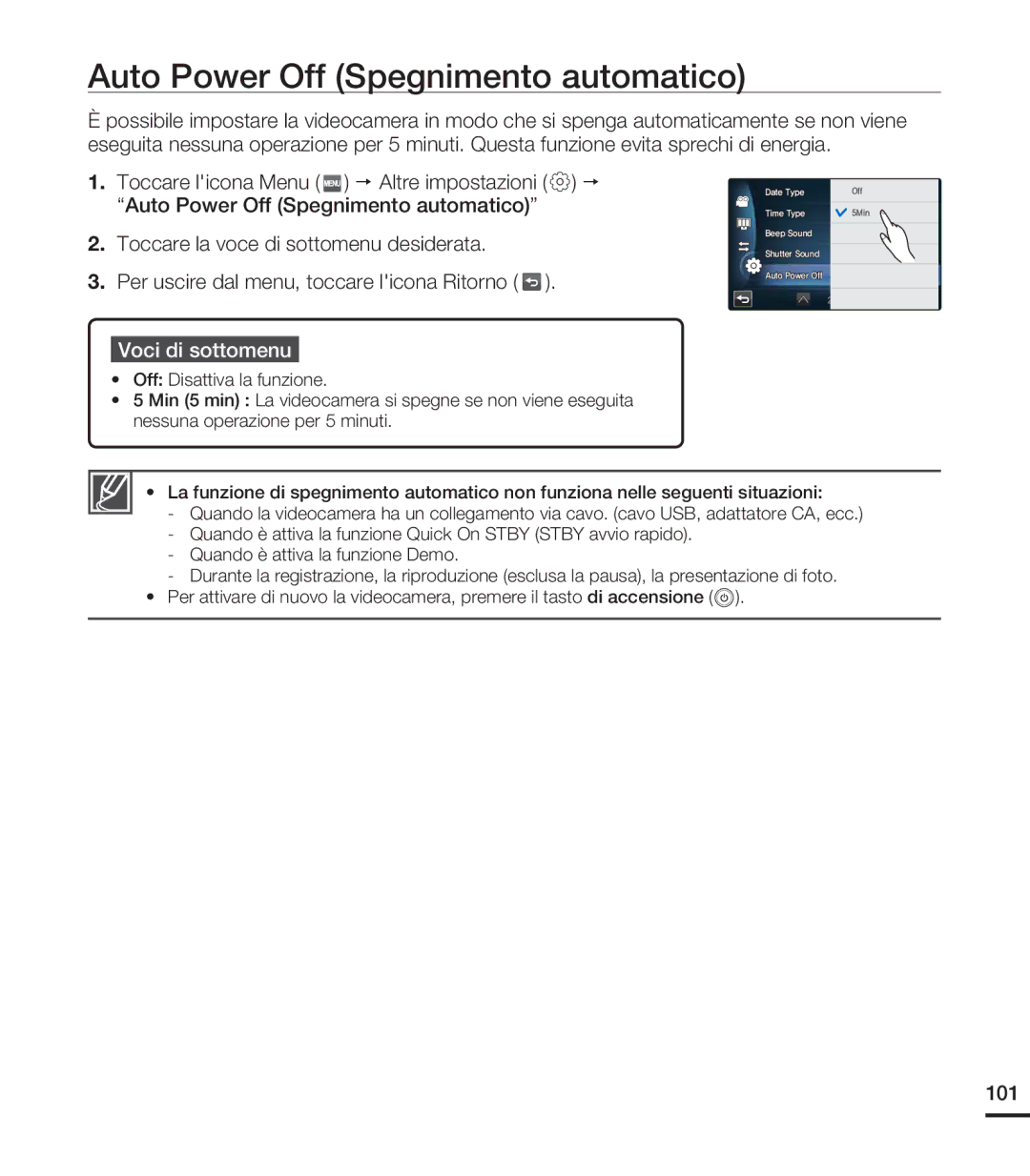 Samsung HMX-S16BP/EDC, HMX-S15BP/EDC, HMX-S10BP/EDC manual Auto Power Off Spegnimento automatico, 101 