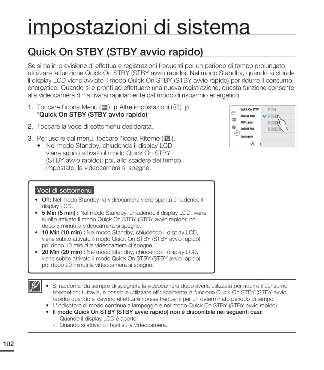 Samsung HMX-S15BP/EDC, HMX-S10BP/EDC, HMX-S16BP/EDC manual Quick On Stby Stby avvio rapido, 102 