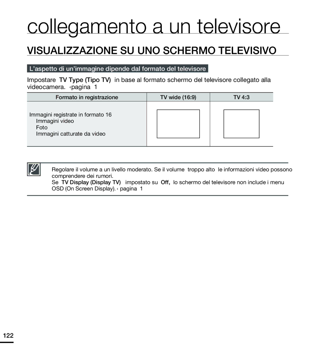 Samsung HMX-S16BP/EDC, HMX-S15BP/EDC, HMX-S10BP/EDC manual Visualizzazione SU UNO Schermo Televisivo, 122 