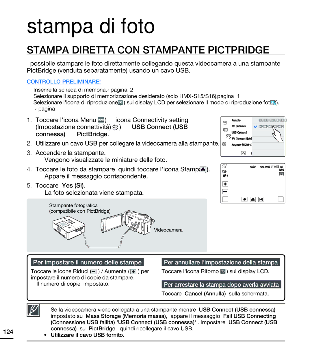 Samsung HMX-S10BP/EDC manual Stampa di foto, Stampa Diretta CON Stampante Pictpridge, Per impostare il numero delle stampe 