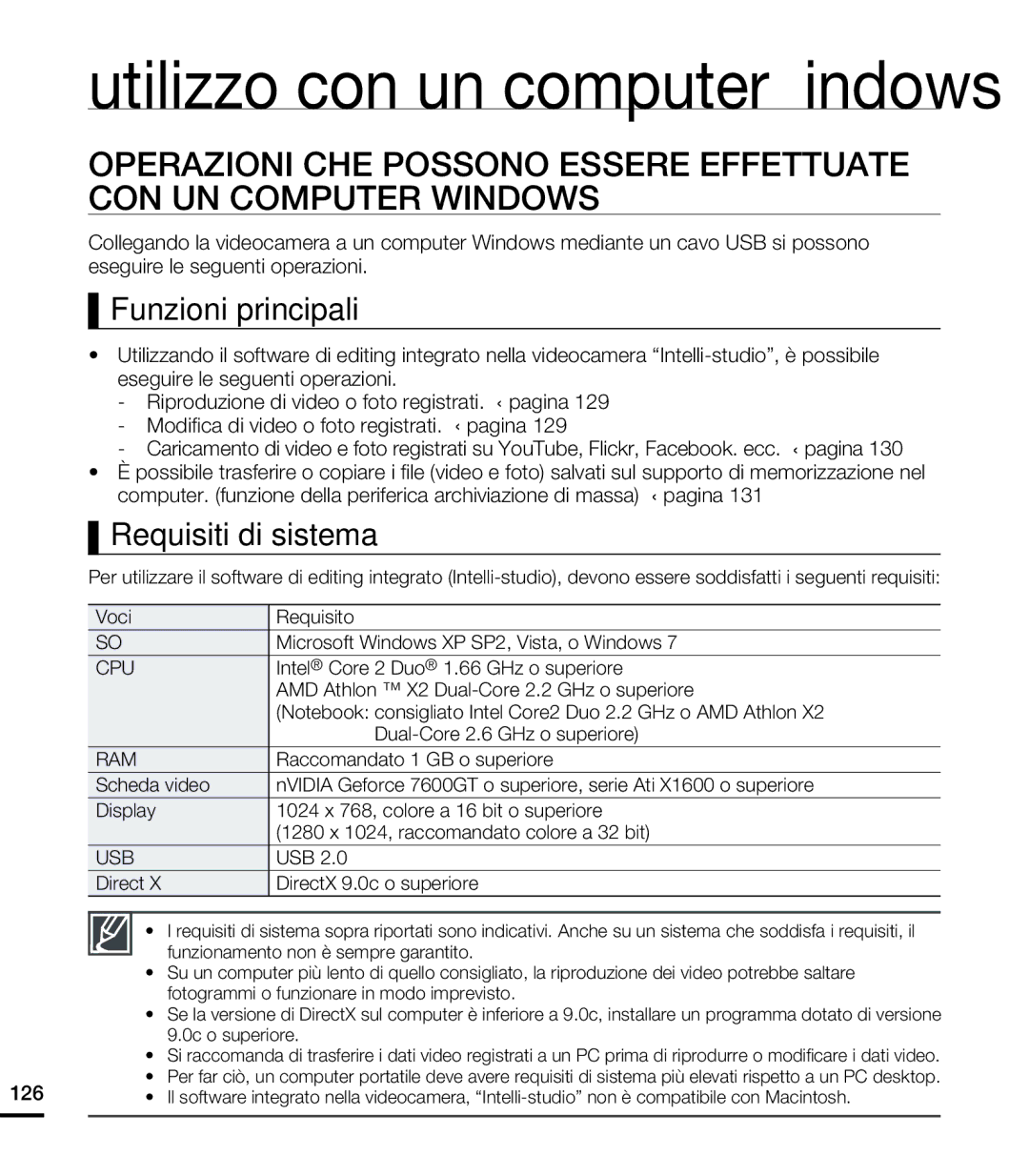 Samsung HMX-S15BP/EDC, HMX-S10BP/EDC, HMX-S16BP/EDC manual Funzioni principali, Requisiti di sistema 