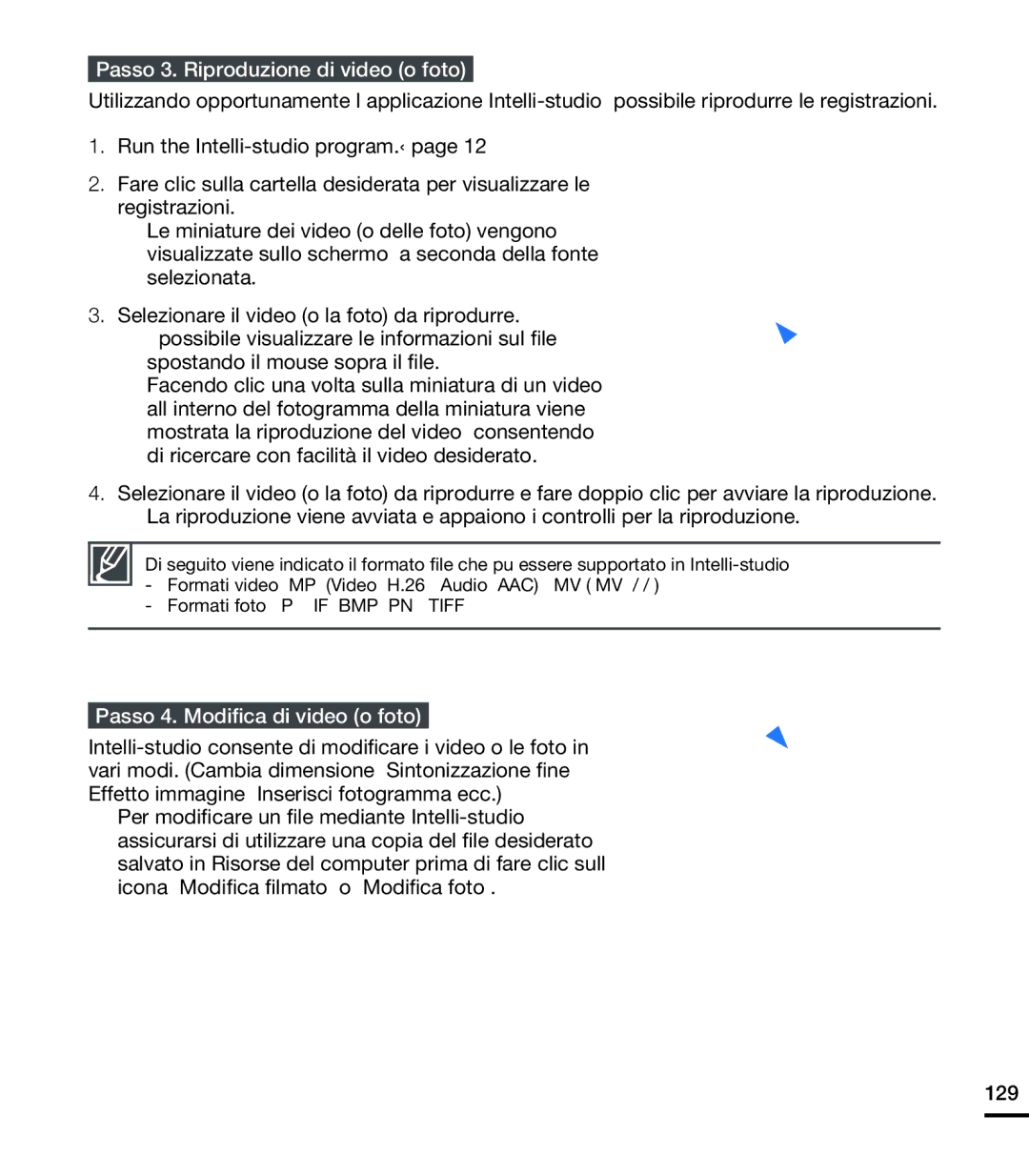 Samsung HMX-S15BP/EDC, HMX-S10BP/EDC manual Passo 3. Riproduzione di video o foto, Passo 4. Modiﬁca di video o foto, 129 