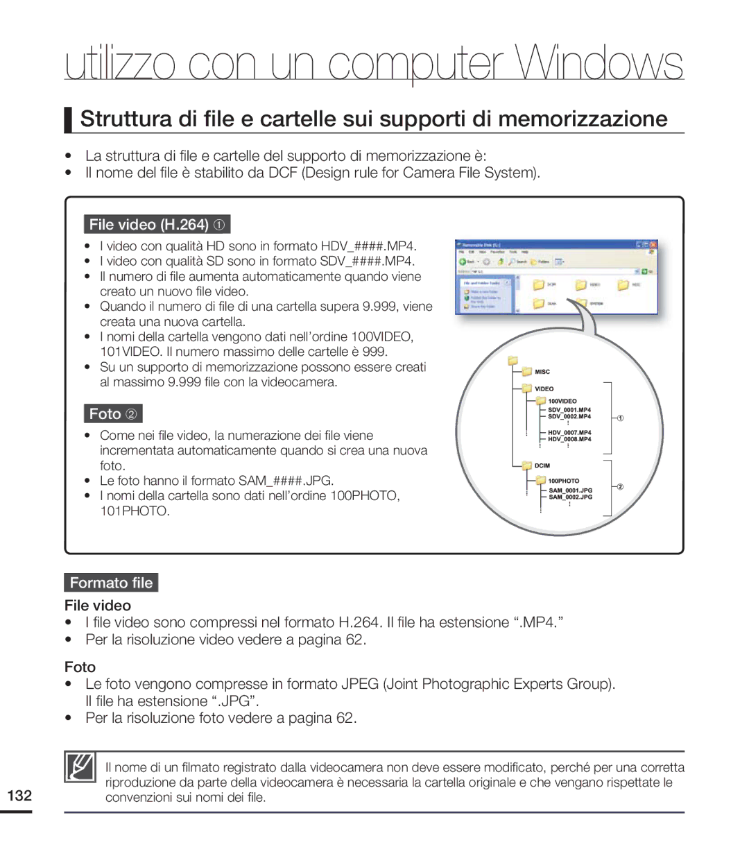 Samsung HMX-S15BP/EDC Struttura di ﬁle e cartelle sui supporti di memorizzazione, File video H.264 ➀, Foto ➁, Formato ﬁle 