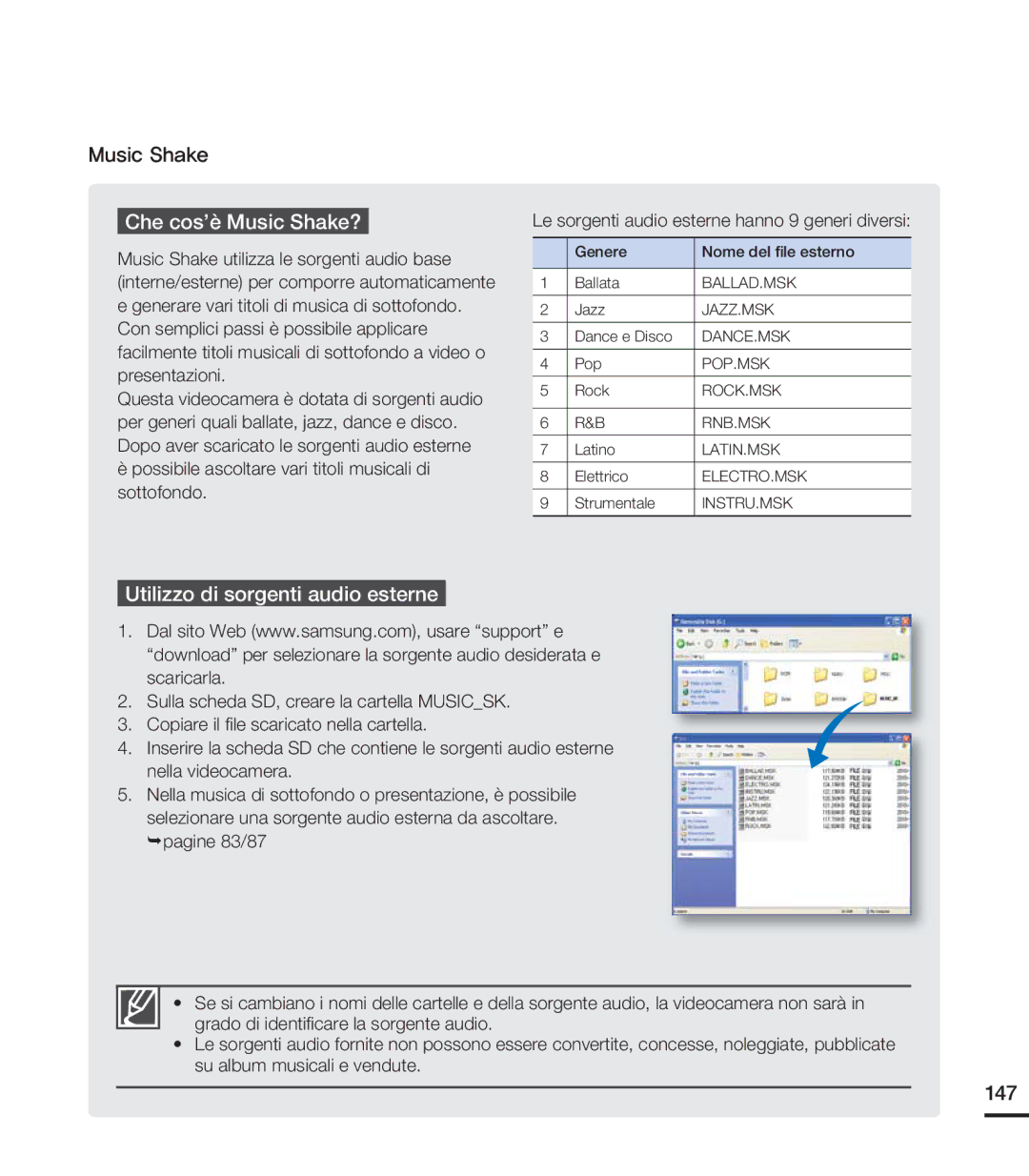 Samsung HMX-S15BP/EDC, HMX-S10BP/EDC, HMX-S16BP/EDC manual Che cos’è Music Shake?, Utilizzo di sorgenti audio esterne, 147 