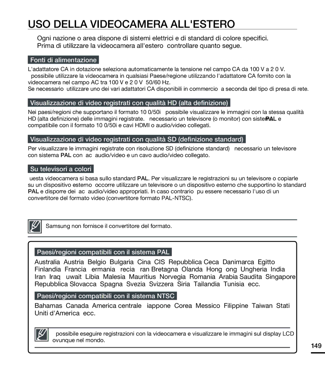 Samsung HMX-S16BP/EDC, HMX-S15BP/EDC manual USO Della Videocamera Allestero, Fonti di alimentazione, Su televisori a colori 