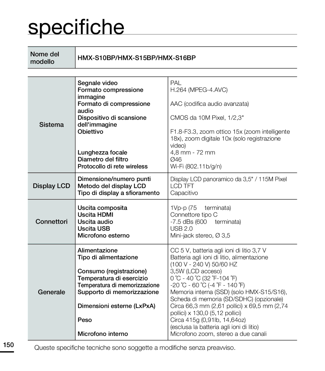 Samsung HMX-S15BP/EDC, HMX-S10BP/EDC, HMX-S16BP/EDC manual Speciﬁche 