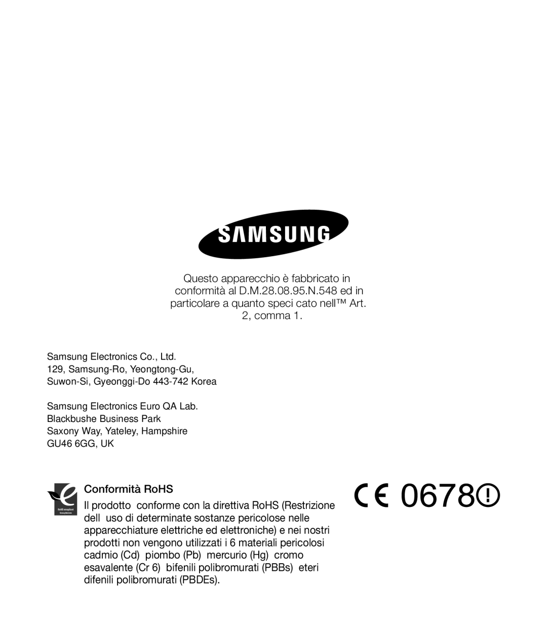 Samsung HMX-S10BP/EDC, HMX-S15BP/EDC, HMX-S16BP/EDC manual Conformità RoHS 