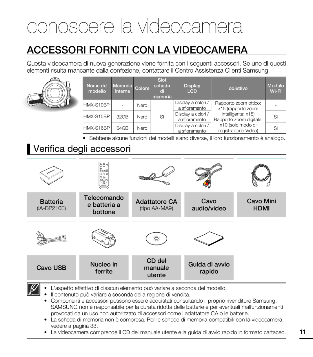 Samsung HMX-S16BP/EDC, HMX-S15BP/EDC, HMX-S10BP/EDC manual Conoscere la videocamera 