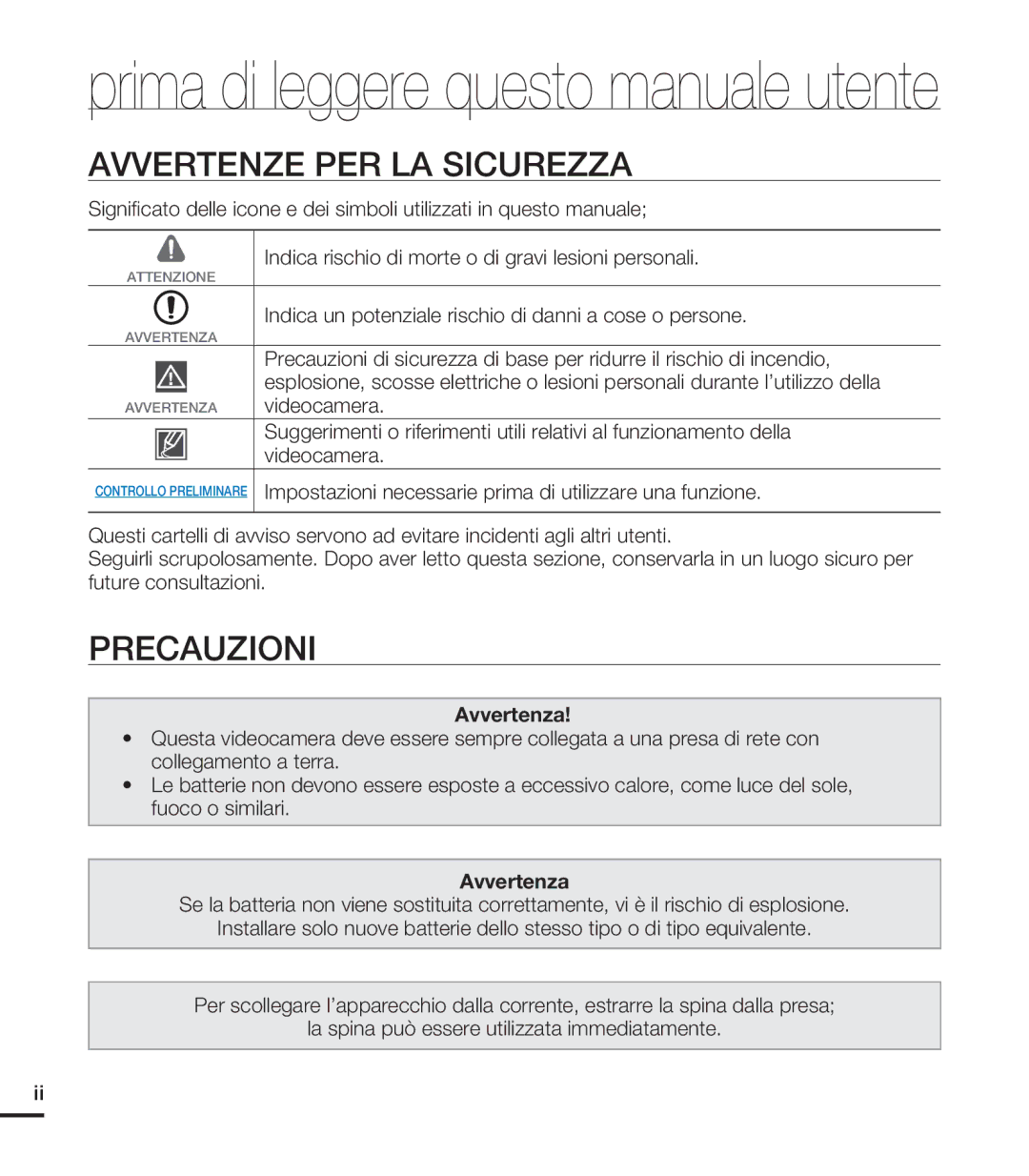 Samsung HMX-S16BP/EDC Avvertenze PER LA Sicurezza, Precauzioni, Indica un potenziale rischio di danni a cose o persone 