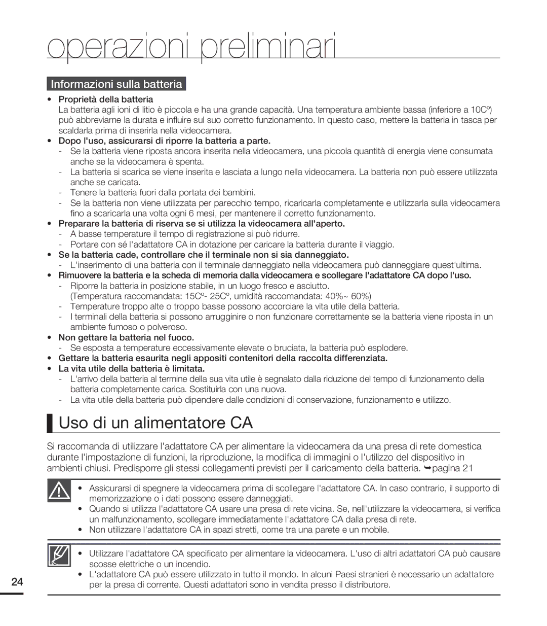 Samsung HMX-S15BP/EDC manual Uso di un alimentatore CA, Informazioni sulla batteria, Scosse elettriche o un incendio 