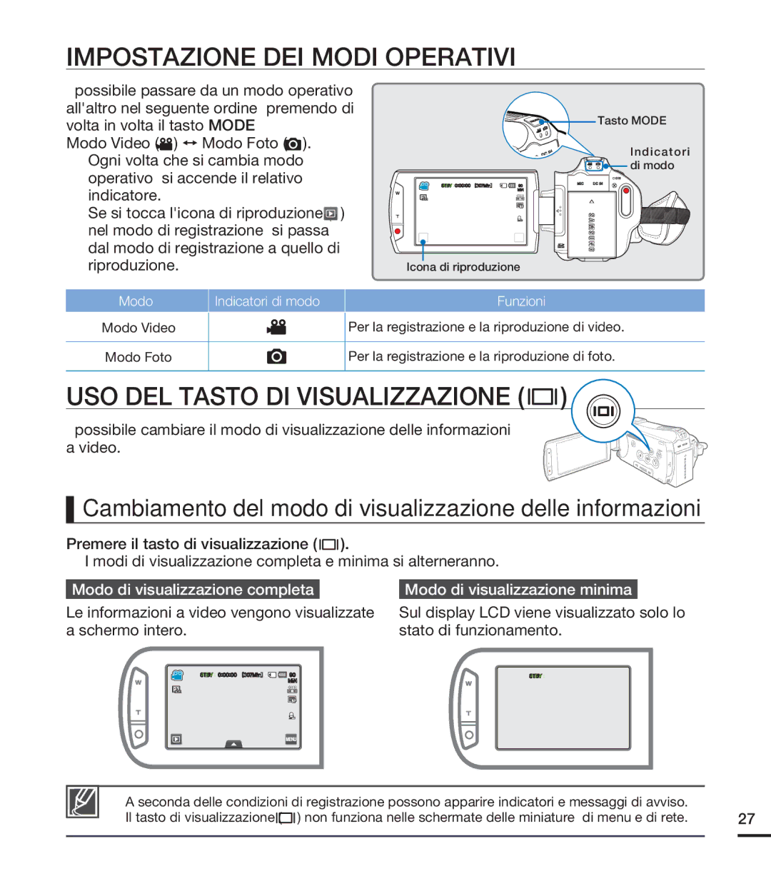 Samsung HMX-S15BP/EDC, HMX-S10BP/EDC, HMX-S16BP/EDC manual Impostazione DEI Modi Operativi, USO DEL Tasto DI Visualizzazione 