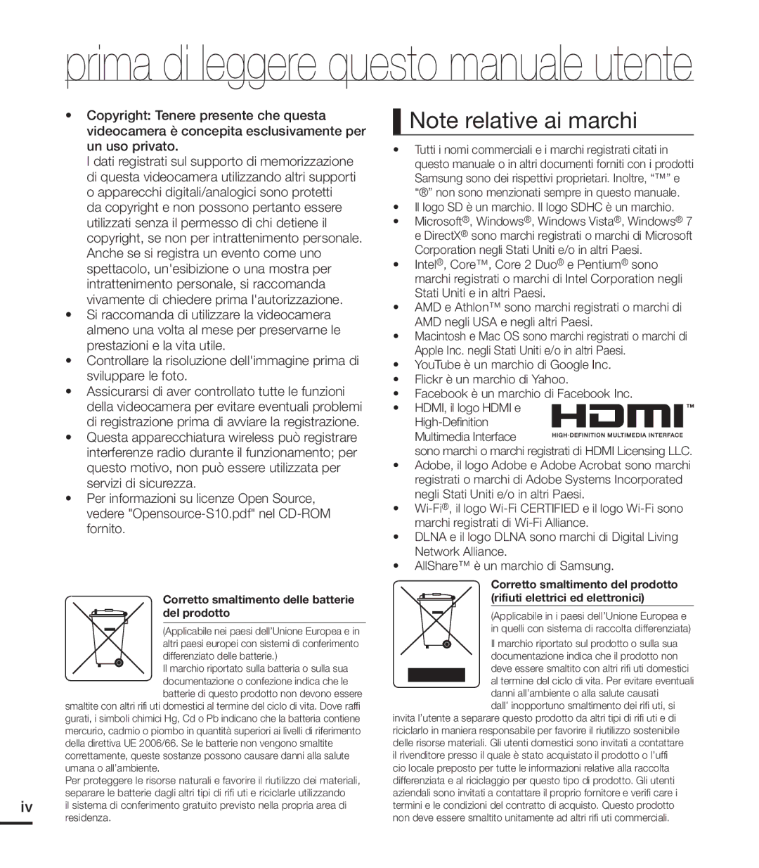 Samsung HMX-S10BP/EDC, HMX-S15BP/EDC, HMX-S16BP/EDC Prima di leggere questo manuale utente 