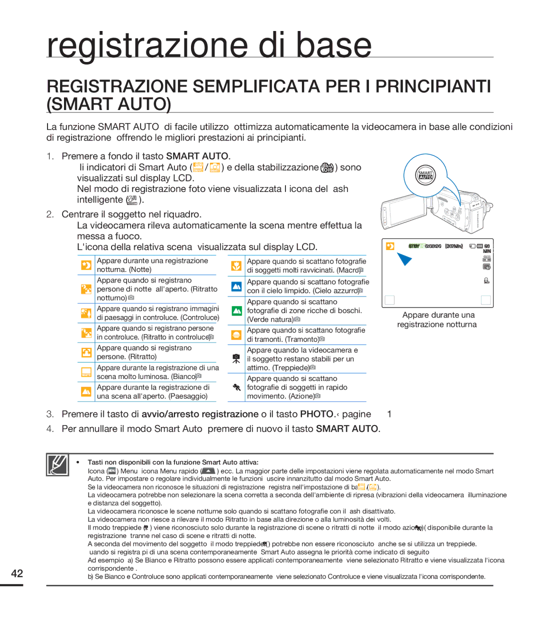 Samsung HMX-S15BP/EDC, HMX-S10BP/EDC, HMX-S16BP/EDC manual Registrazione Semplificata PER I Principianti Smart Auto 