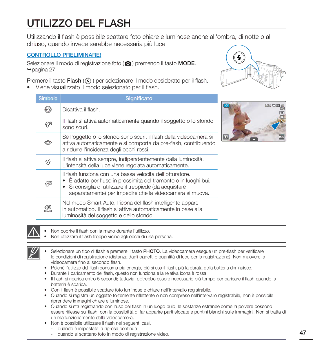 Samsung HMX-S16BP/EDC, HMX-S15BP/EDC, HMX-S10BP/EDC manual Utilizzo DEL Flash, Simbolo Signiﬁcato 