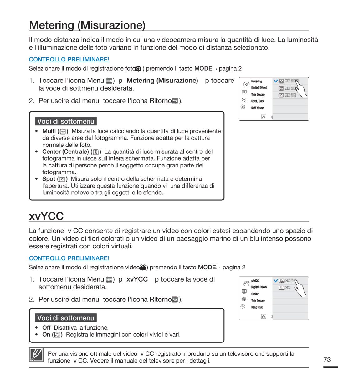 Samsung HMX-S10BP/EDC Metering Misurazione, XvYCC, Toccare licona Menu p xvYCC p toccare la voce di, Sottomenu desiderata 