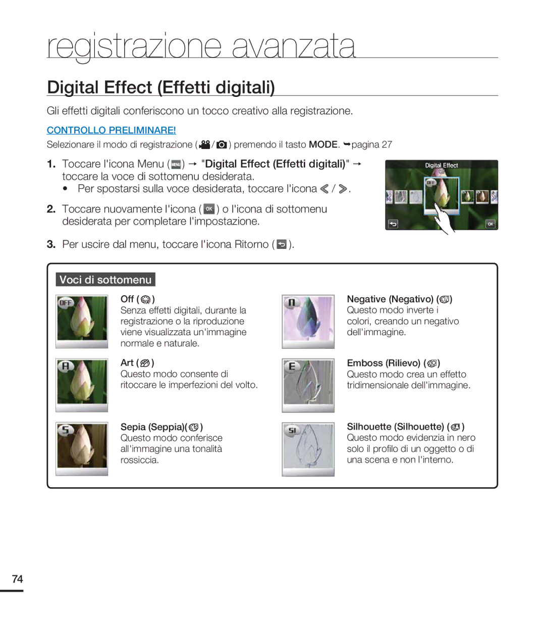 Samsung HMX-S16BP/EDC, HMX-S15BP/EDC, HMX-S10BP/EDC manual Digital Effect Effetti digitali, Off OFF, Art 