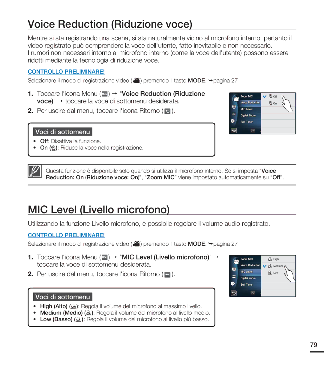 Samsung HMX-S10BP/EDC, HMX-S15BP/EDC, HMX-S16BP/EDC manual Voice Reduction Riduzione voce, MIC Level Livello microfono 