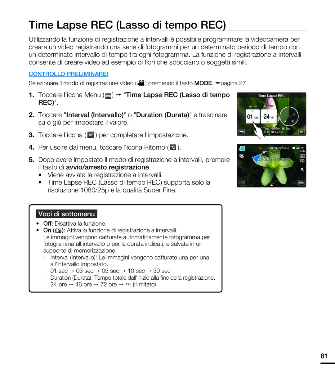 Samsung HMX-S15BP/EDC, HMX-S10BP/EDC, HMX-S16BP/EDC manual Time Lapse REC Lasso di tempo REC 