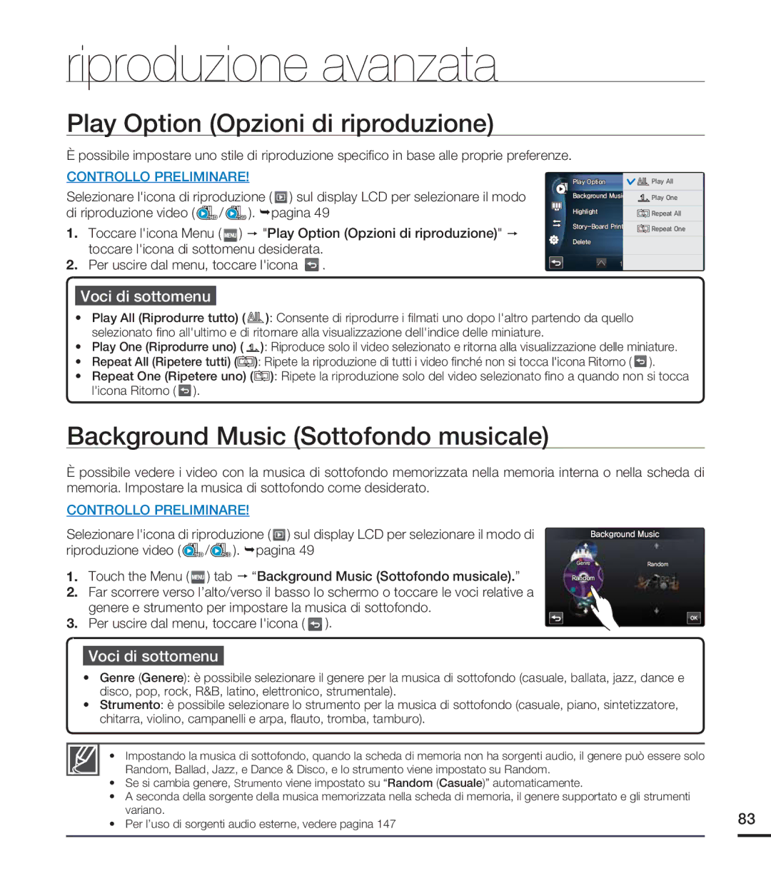 Samsung HMX-S16BP/EDC Riproduzione avanzata, Play Option Opzioni di riproduzione, Background Music Sottofondo musicale 