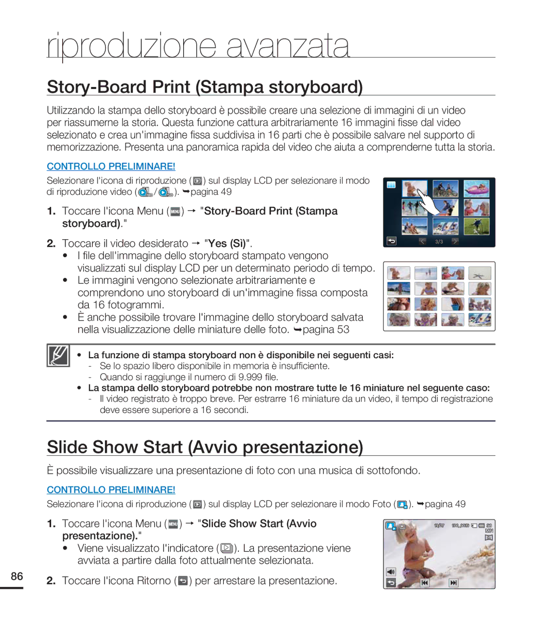 Samsung HMX-S16BP/EDC manual Story-Board Print Stampa storyboard, Slide Show Start Avvio presentazione, Da 16 fotogrammi 