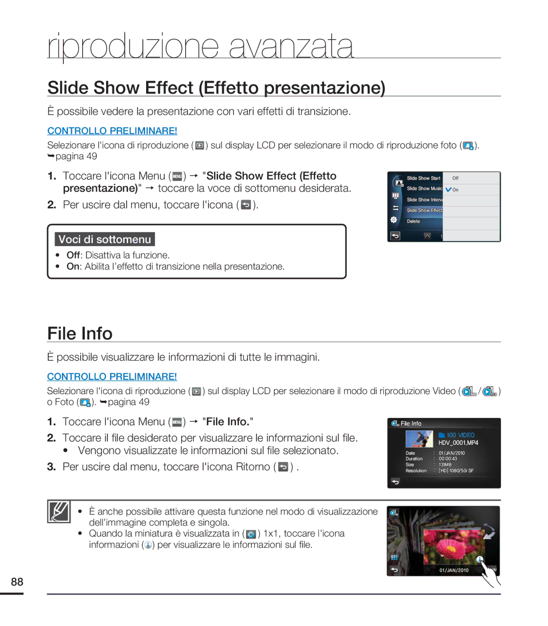 Samsung HMX-S10BP/EDC, HMX-S15BP/EDC, HMX-S16BP/EDC manual Slide Show Effect Effetto presentazione, File Info 