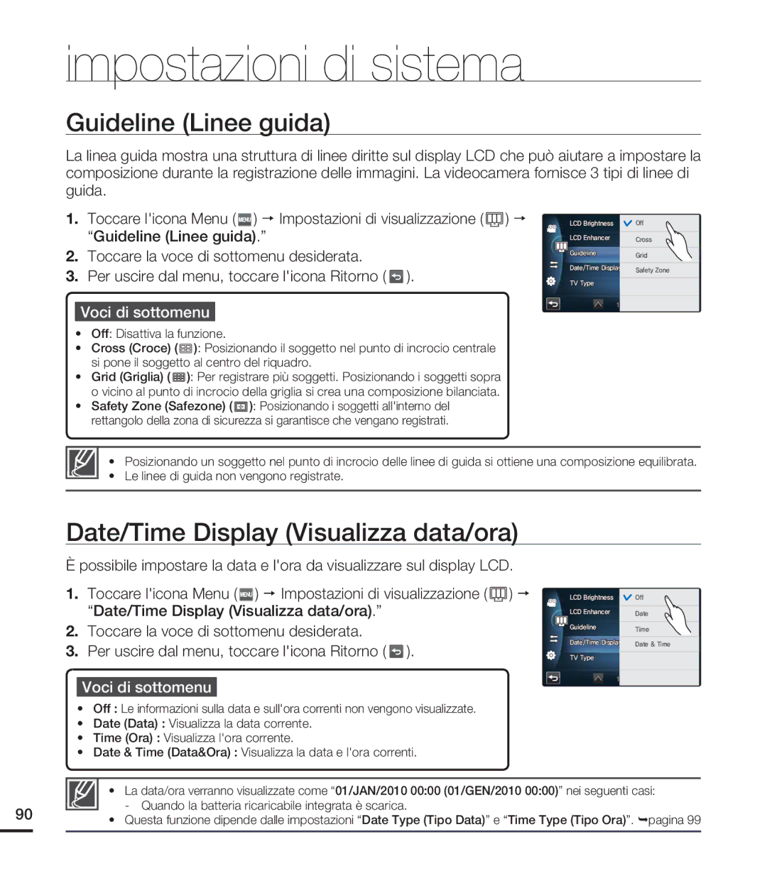 Samsung HMX-S15BP/EDC, HMX-S10BP/EDC, HMX-S16BP/EDC manual Guideline Linee guida, Date/Time Display Visualizza data/ora 