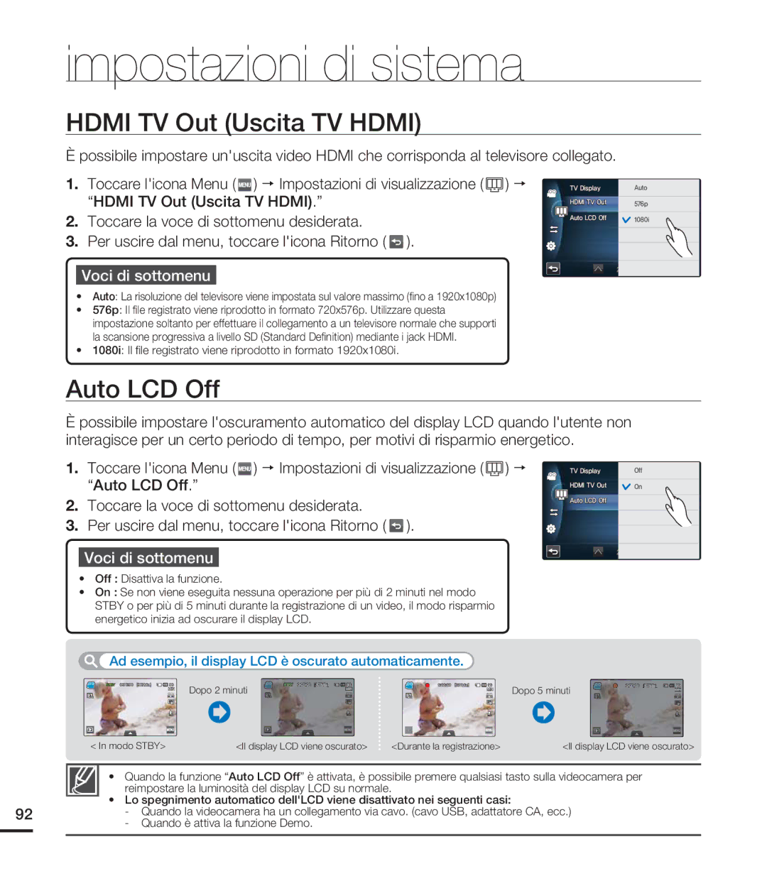 Samsung HMX-S16BP/EDC, HMX-S15BP/EDC, HMX-S10BP/EDC manual Hdmi TV Out Uscita TV Hdmi, Auto LCD Off 