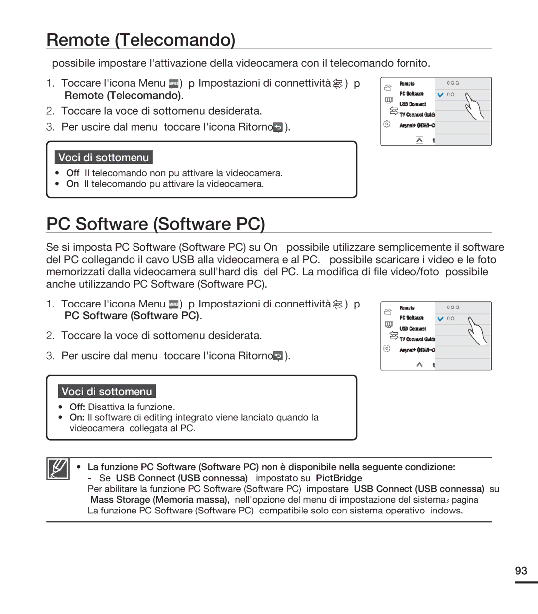 Samsung HMX-S15BP/EDC Remote Telecomando, PC Software Software PC, Toccare licona Menu p Impostazioni di connettività p 