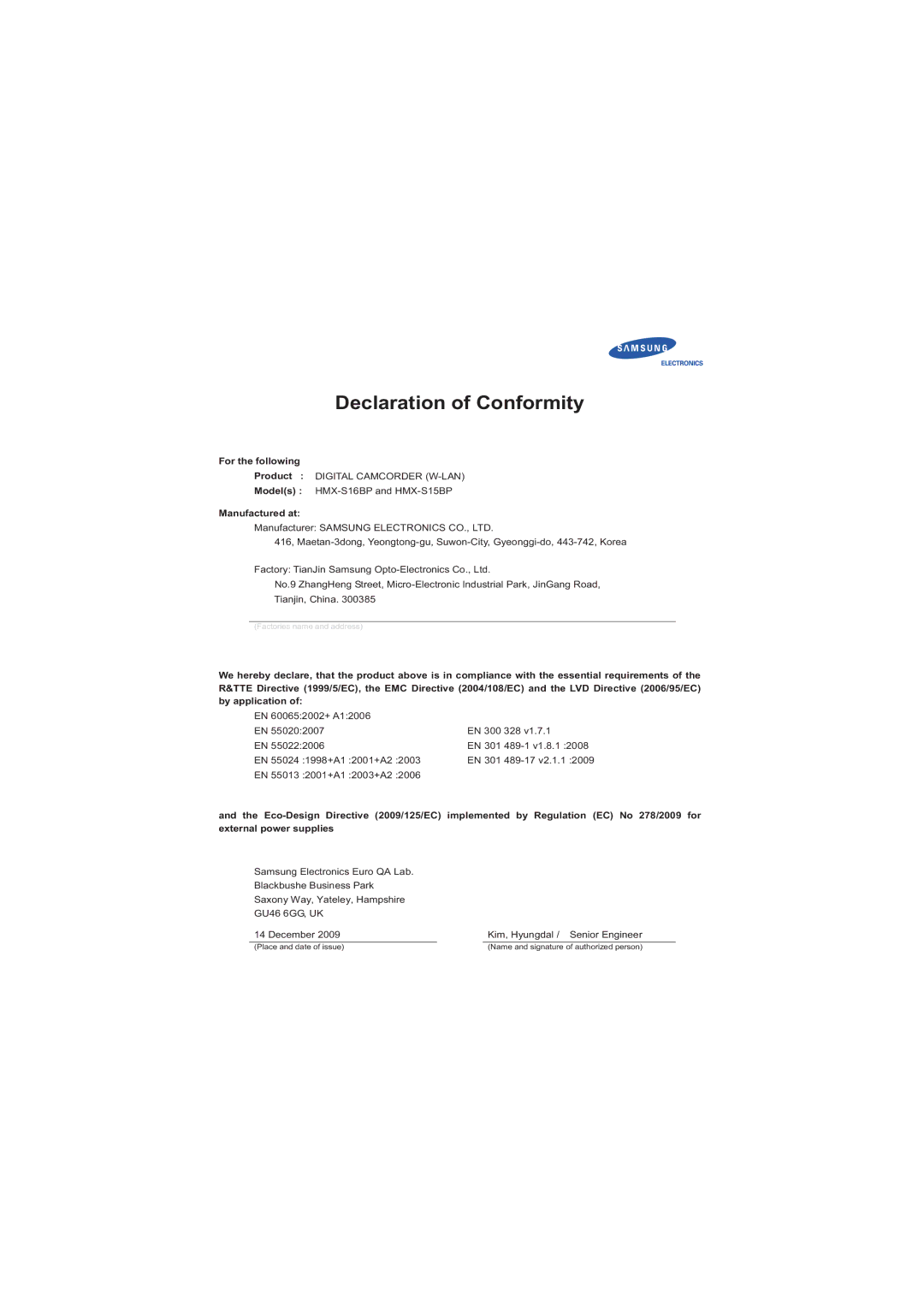 Samsung HMX-S10BP/EDC, HMX-S15BP/EDC, HMX-S16BP/EDC manual Declaration of Conformity 