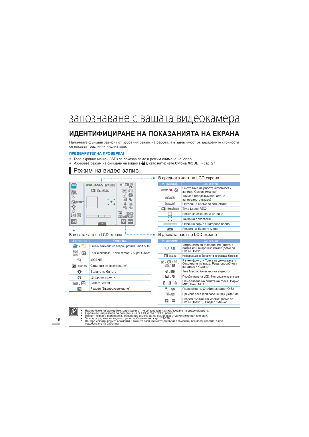 Samsung HMX-S10BP/EDC manual Идентифициране НА Показанията НА Екрана, Режим на видео запис, Лявата част на LCD екрана 