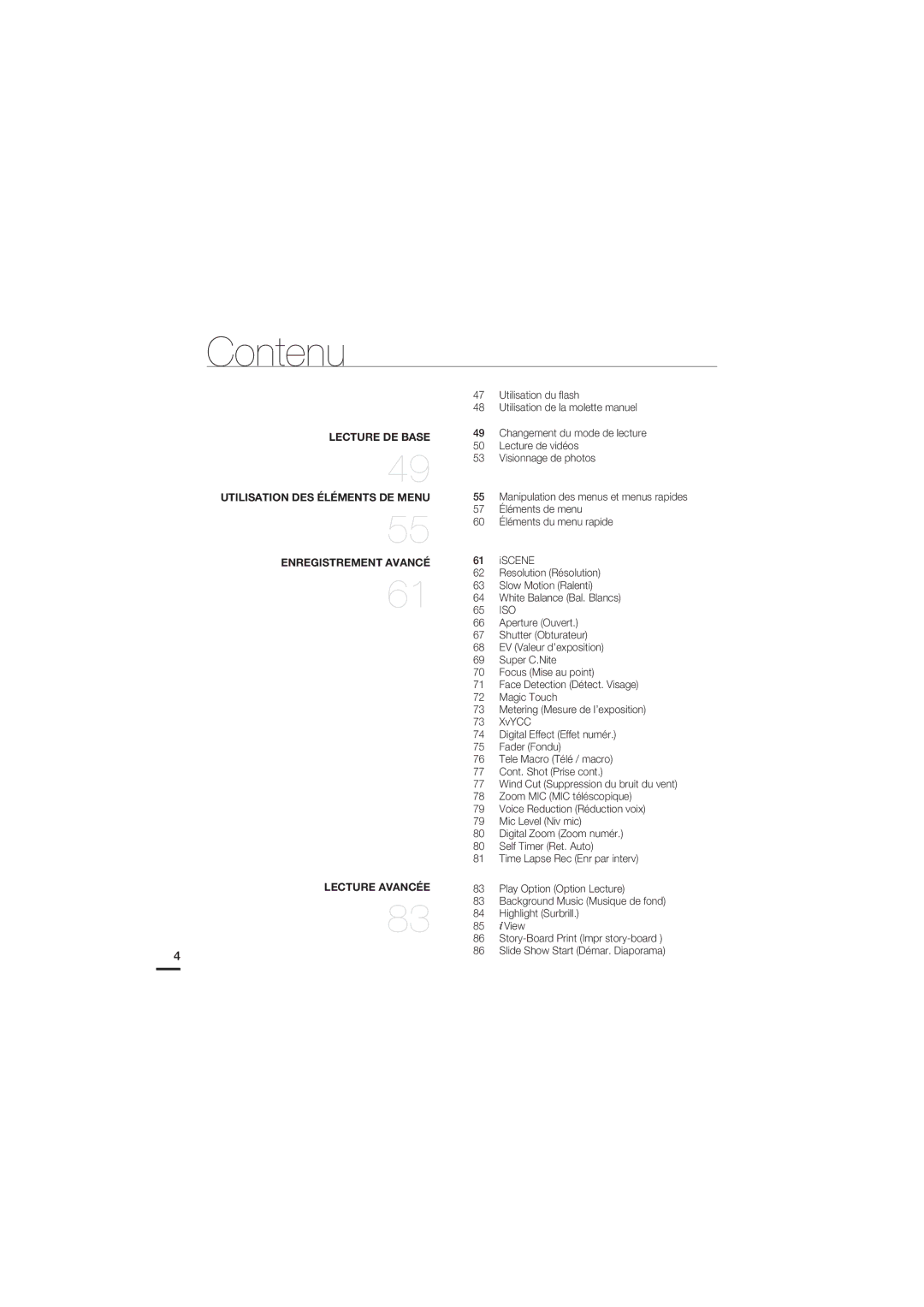 Samsung HMX-S15BP/EDC Utilisation du ﬂash, Utilisation de la molette manuel, Changement du mode de lecture, Iscene, XvYCC 