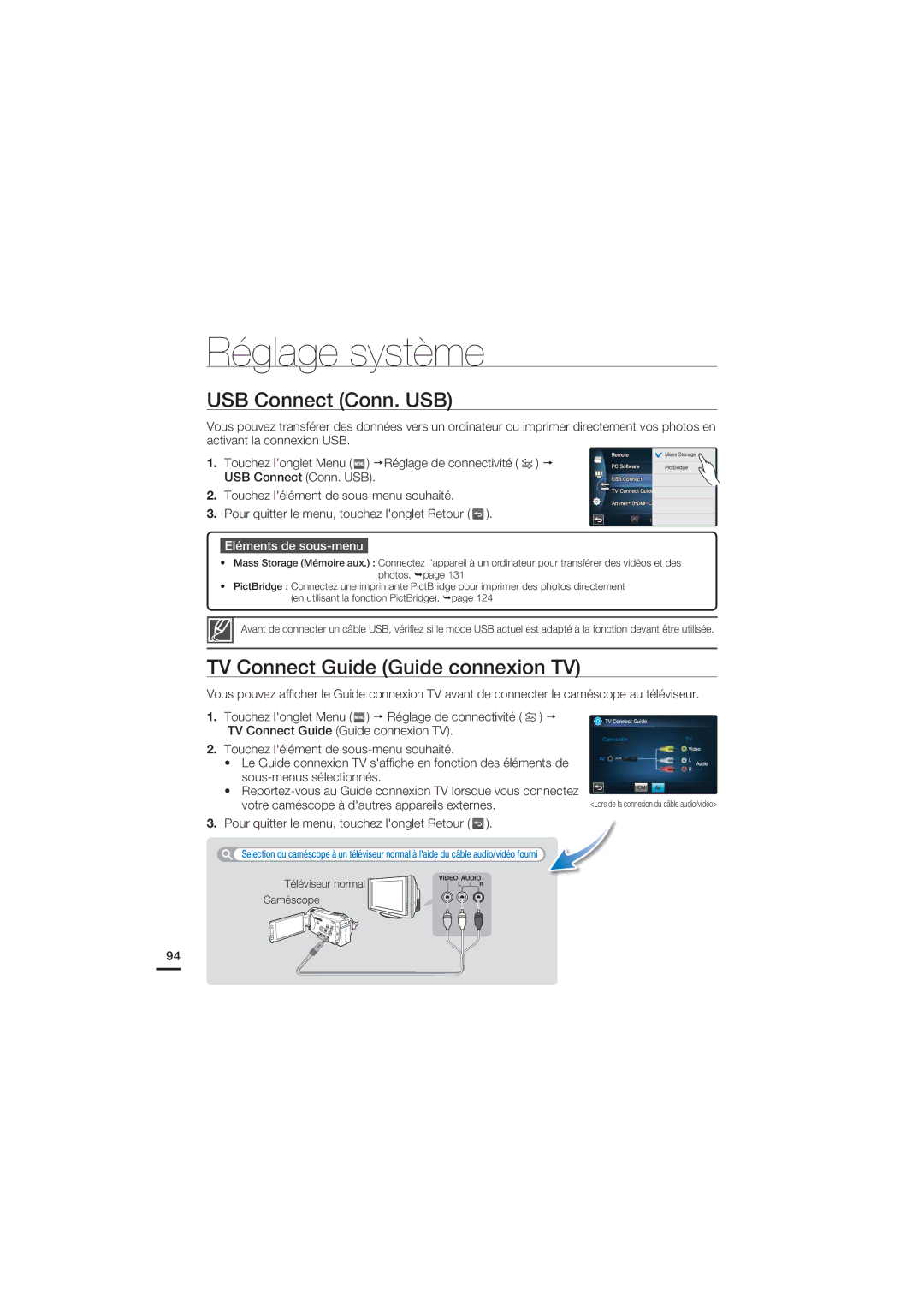 Samsung HMX-S15BP/EDC manual USB Connect Conn. USB, TV Connect Guide Guide connexion TV, Téléviseur normal Caméscope 