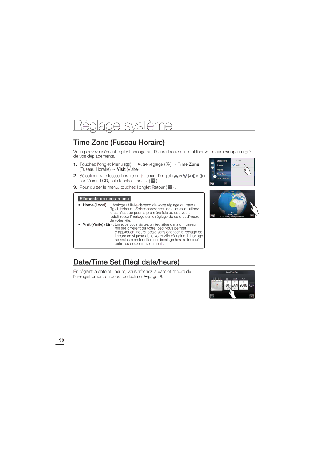 Samsung HMX-S15BP/EDC manual Time Zone Fuseau Horaire, Date/Time Set Régl date/heure, Lenregistrement en cours de lecture 