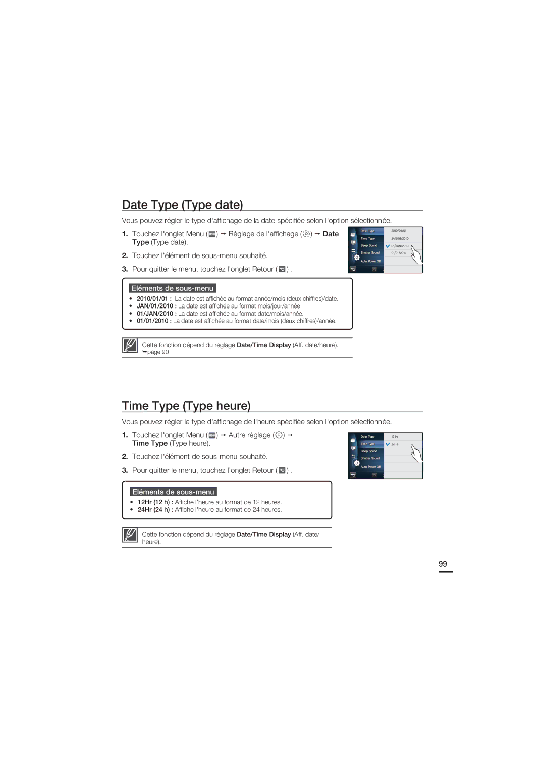 Samsung HMX-S10BP/EDC, HMX-S15BP/EDC manual Date Type Type date, Time Type Type heure 