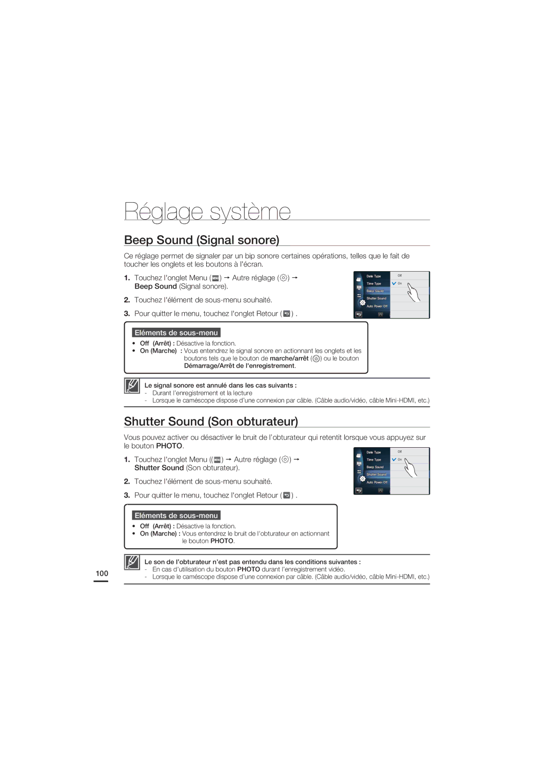 Samsung HMX-S15BP/EDC, HMX-S10BP/EDC manual Beep Sound Signal sonore, Shutter Sound Son obturateur 