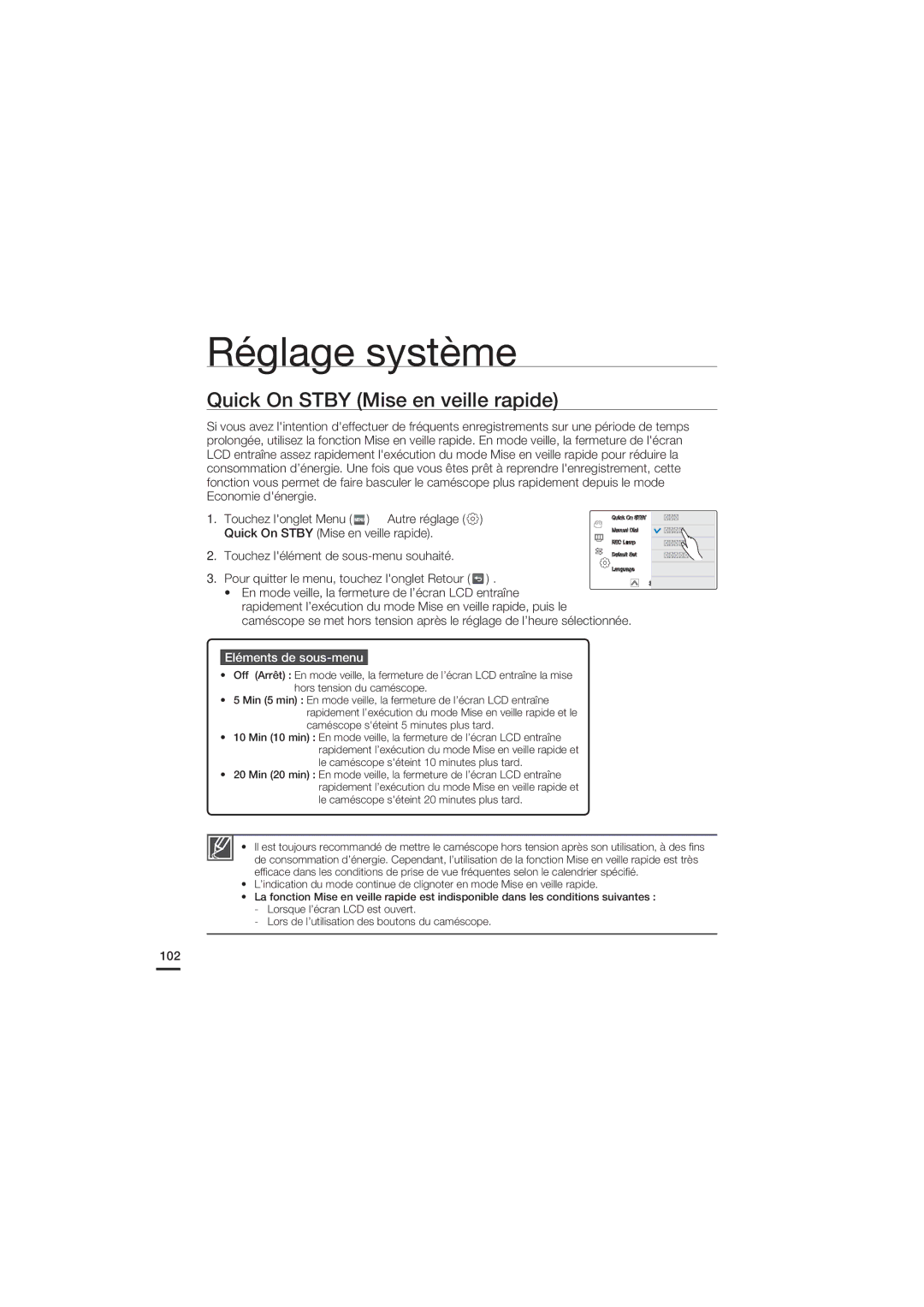 Samsung HMX-S15BP/EDC, HMX-S10BP/EDC manual Quick On Stby Mise en veille rapide, 102 