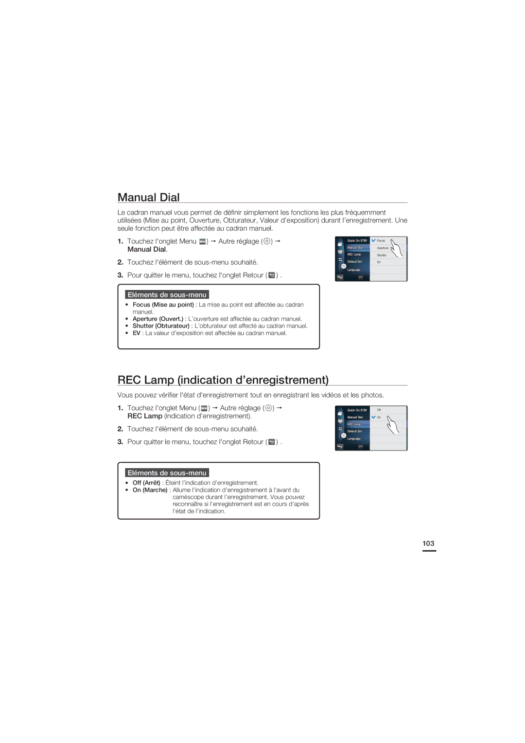 Samsung HMX-S10BP/EDC, HMX-S15BP/EDC manual Manual Dial, REC Lamp indication d’enregistrement, 103 