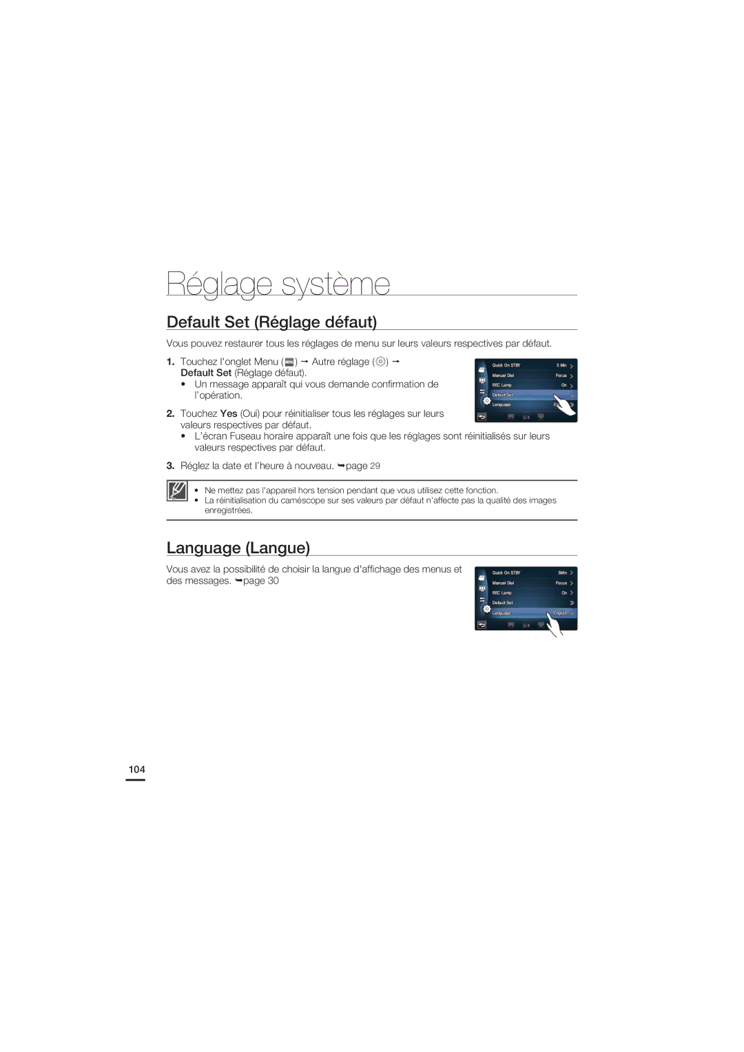 Samsung HMX-S15BP/EDC, HMX-S10BP/EDC manual Default Set Réglage défaut, Language Langue, 104 