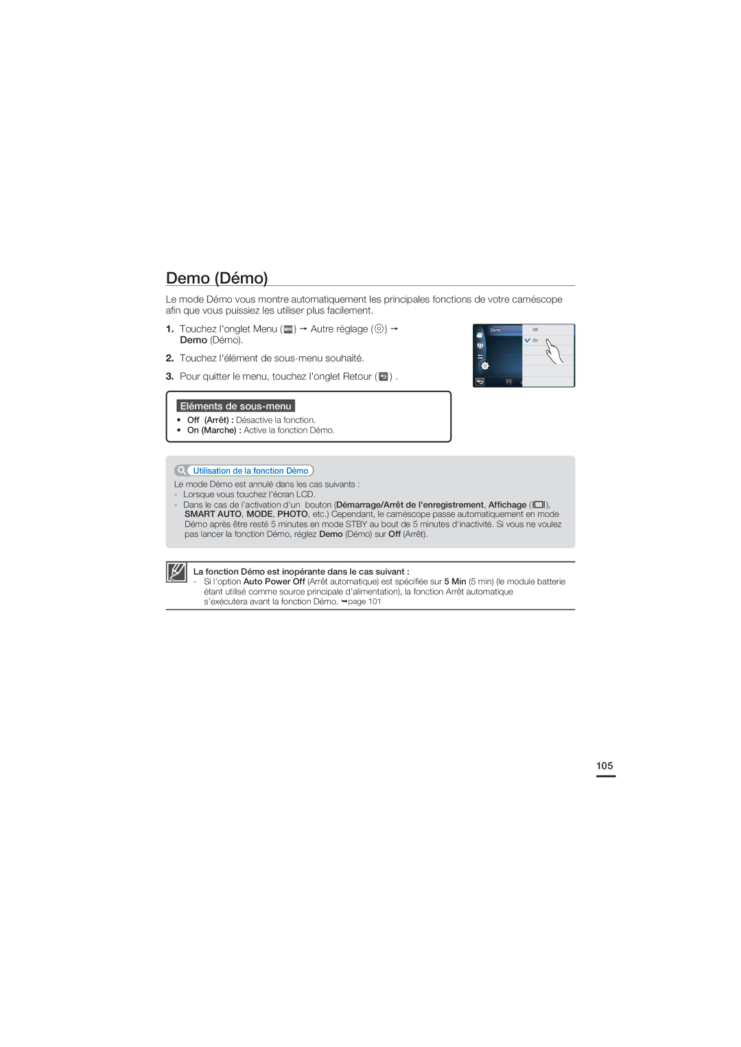 Samsung HMX-S10BP/EDC, HMX-S15BP/EDC manual Demo Démo, 105 