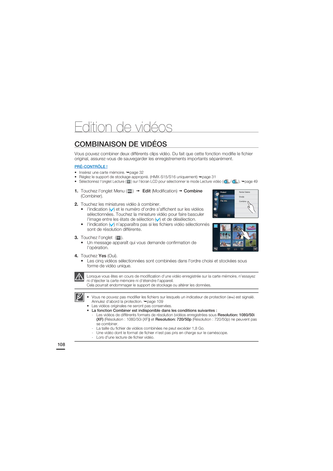 Samsung HMX-S15BP/EDC, HMX-S10BP/EDC manual Combinaison DE Vidéos, 108 