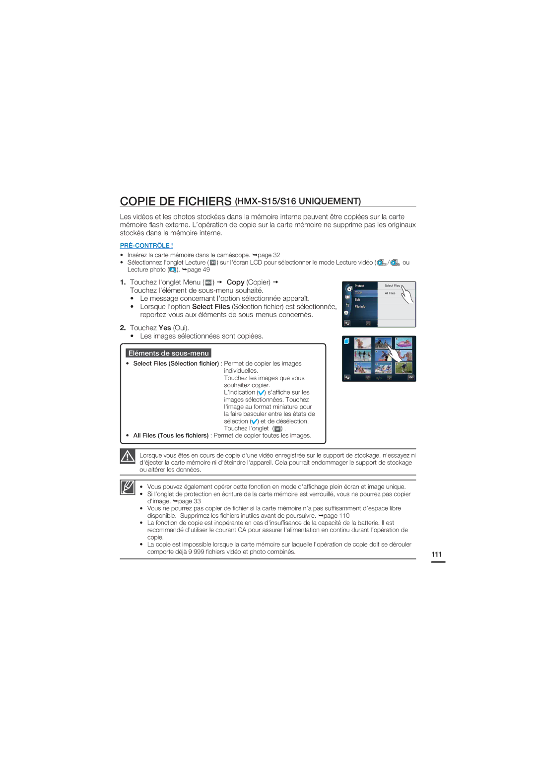 Samsung HMX-S10BP/EDC, HMX-S15BP/EDC manual Touchez Yes Oui Les images sélectionnées sont copiées, 111 