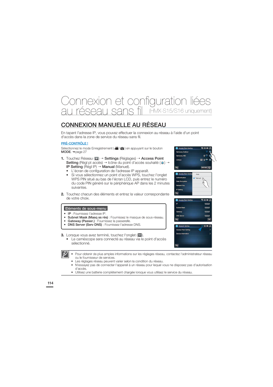 Samsung HMX-S15BP/EDC, HMX-S10BP/EDC manual Connexion Manuelle AU Réseau, Au réseau sans ﬁl HMX-S15/S16 uniquement 